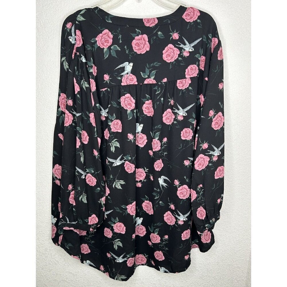 Torrid 2 Top 2X Black Floral Georgette Bow Tie Blouse Birds Sheer Romantic Boho - Picture 3 of 10